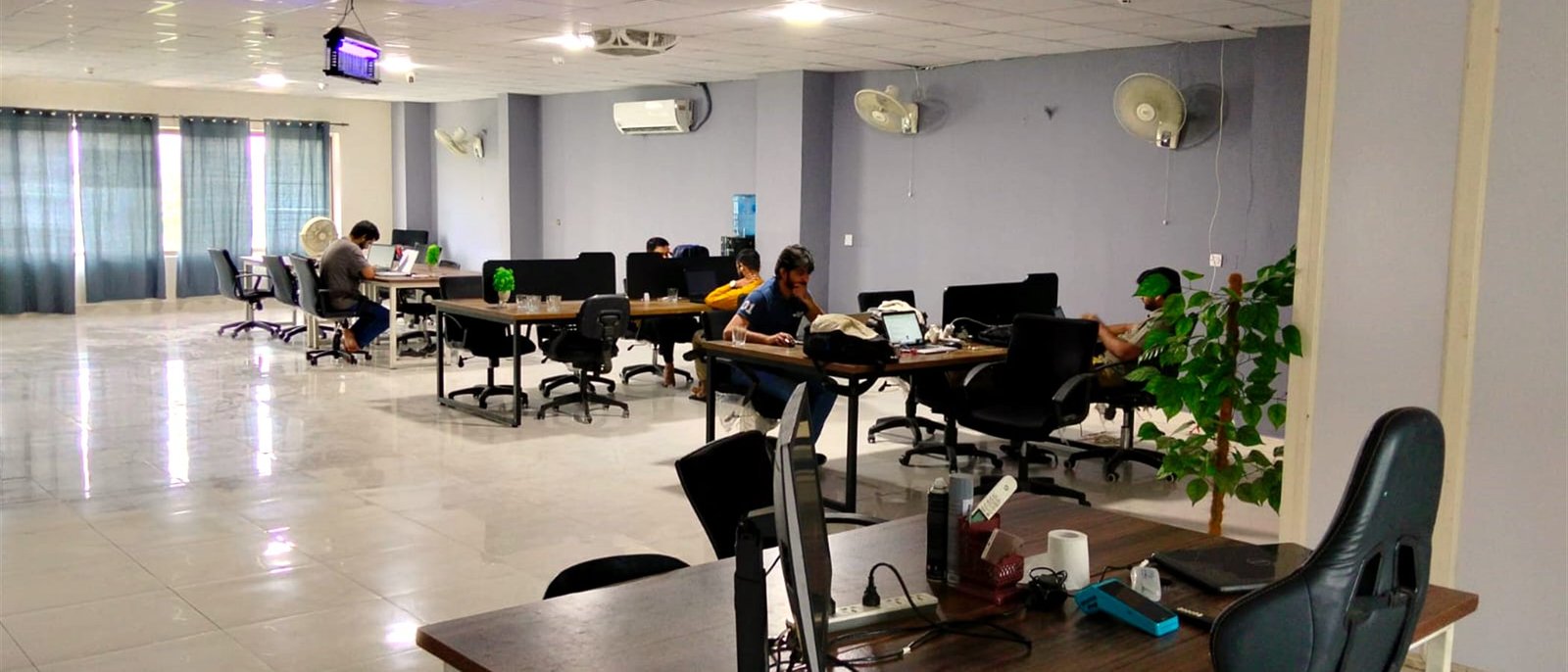 Wide view of the coworking floor with members working at desks